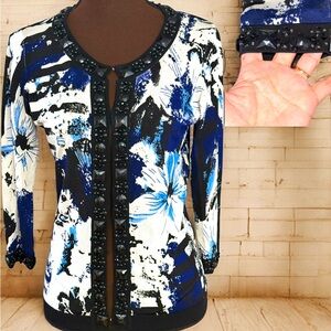 Women Cardigan Sweater, Spiegel Beaded Sweater, Blue/Black Button Up, Designer